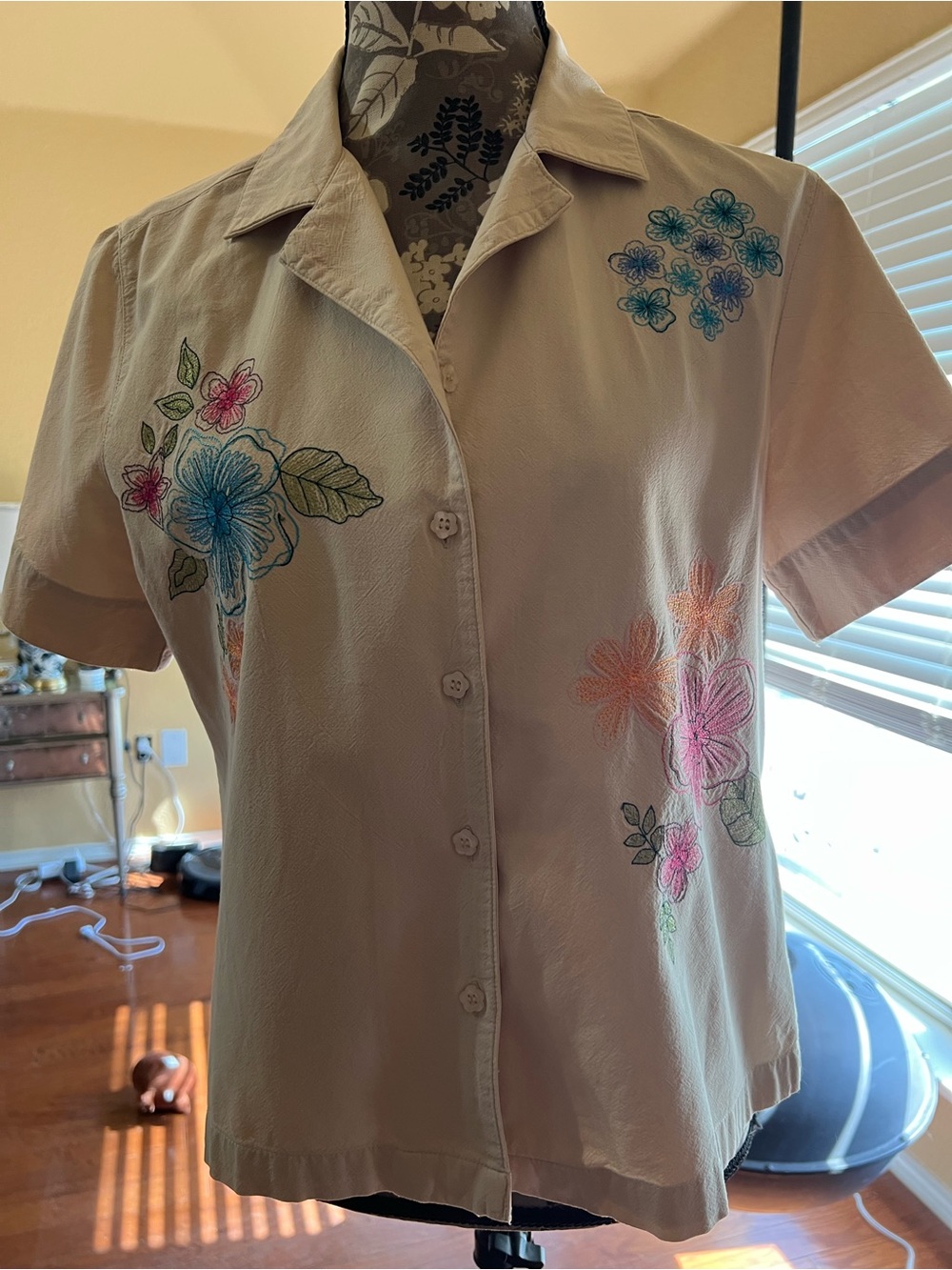 White Stag Beige Button-Down Top with Multicolor Floral Embroidery